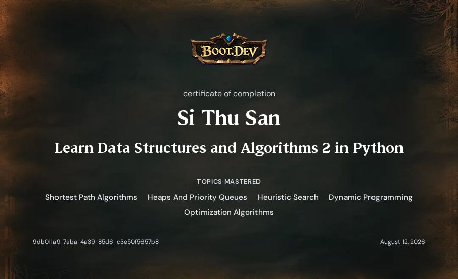 Si Thu San's Boot.dev Learn Data Structures and Algorithms 2 in Python certificate