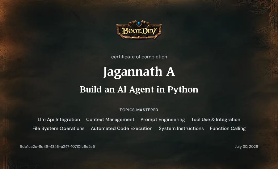 Jagannath A's Boot.dev Build an AI Agent in Python certificate