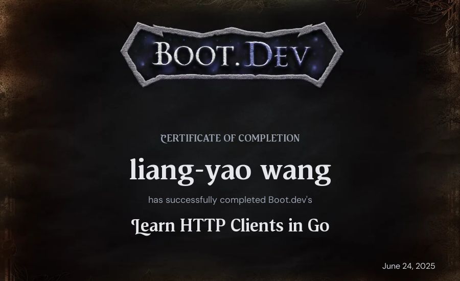 liang-yao wang's Boot.dev Learn HTTP Clients in Go certificate