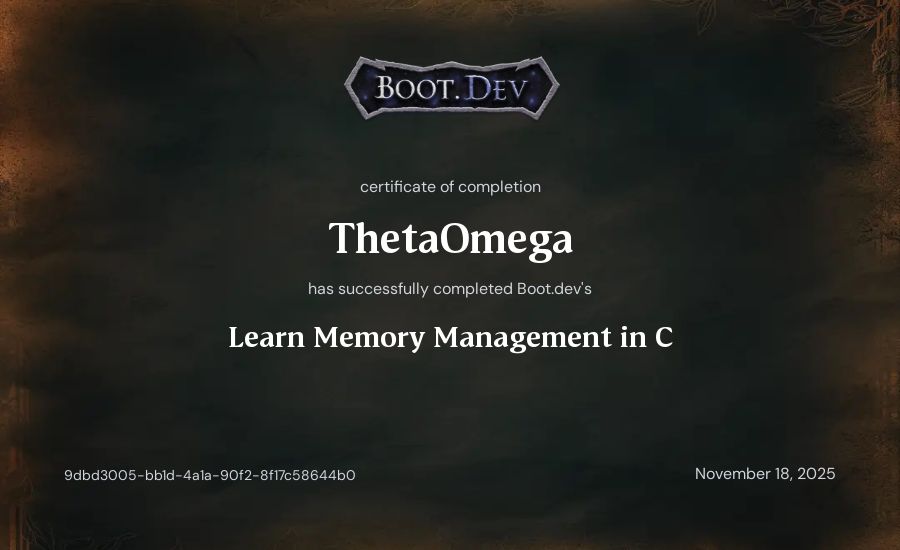 ThetaOmega's Boot.dev Learn Memory Management in C certificate