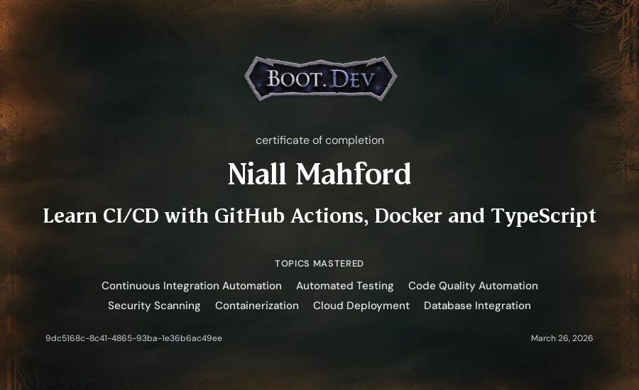 Niall Mahford's Boot.dev Learn CI/CD with GitHub Actions, Docker and TypeScript certificate