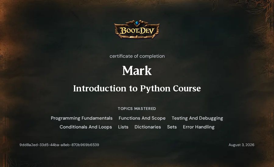 Mark's Boot.dev Introduction to Python Course certificate