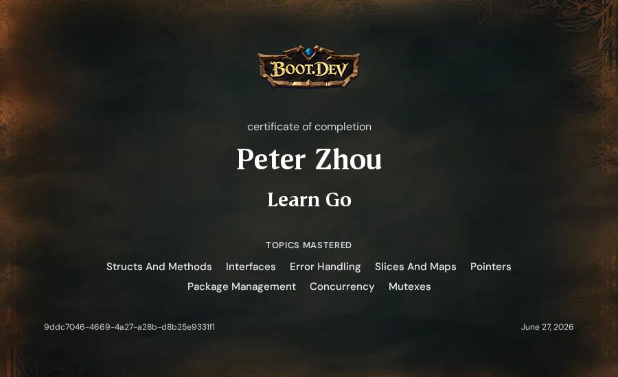 Peter Zhou's Boot.dev Learn Go certificate