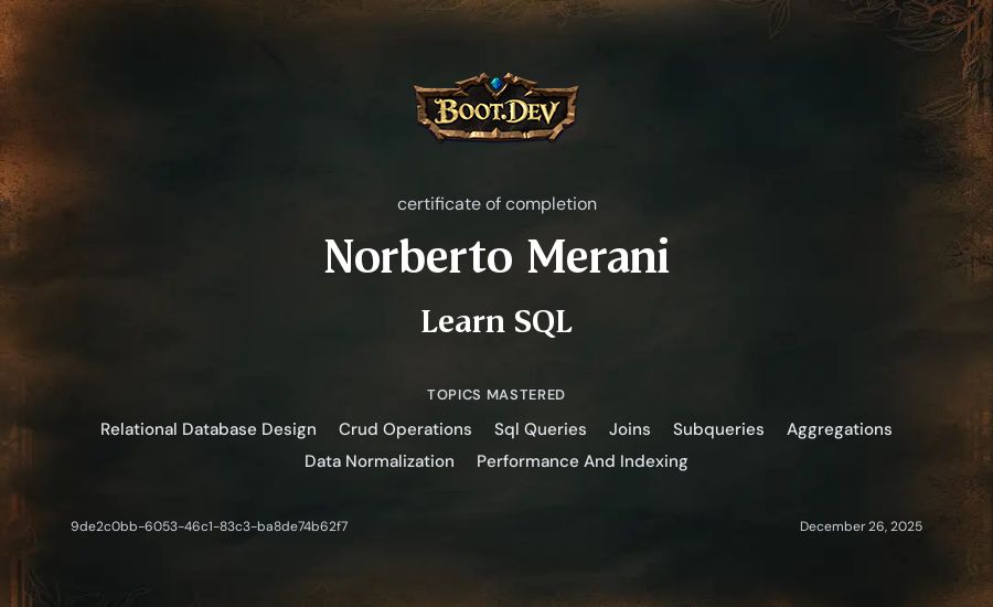 Norberto Merani's Boot.dev Learn SQL certificate