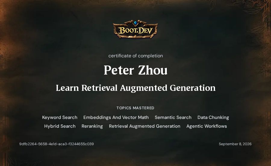 Peter Zhou's Boot.dev Learn Retrieval Augmented Generation certificate