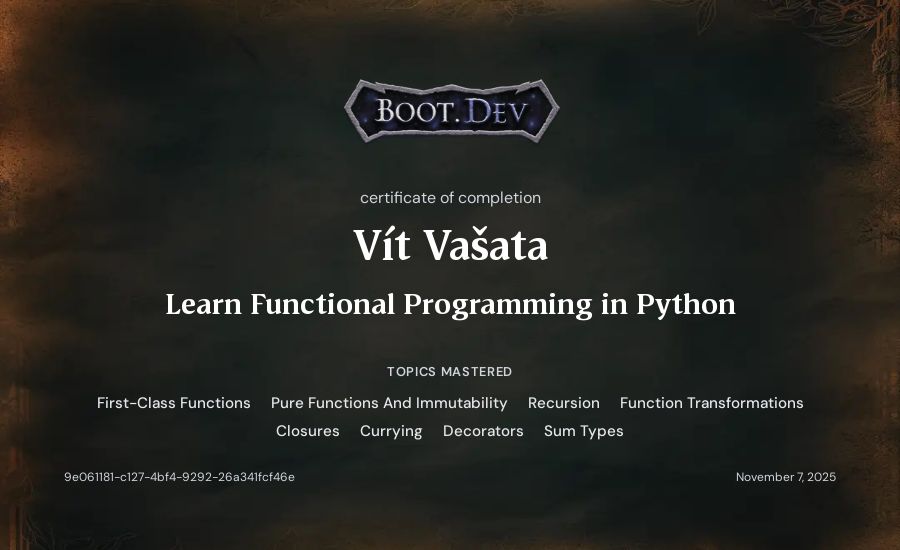Vít Vašata's Boot.dev Learn Functional Programming in Python certificate
