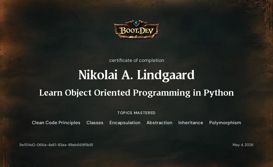 Nikolai A. Lindgaard's Boot.dev Learn Object Oriented Programming in Python certificate