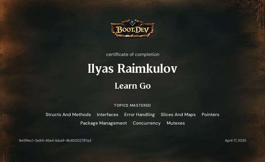 Ilyas Raimkulov's Boot.dev Learn Go certificate