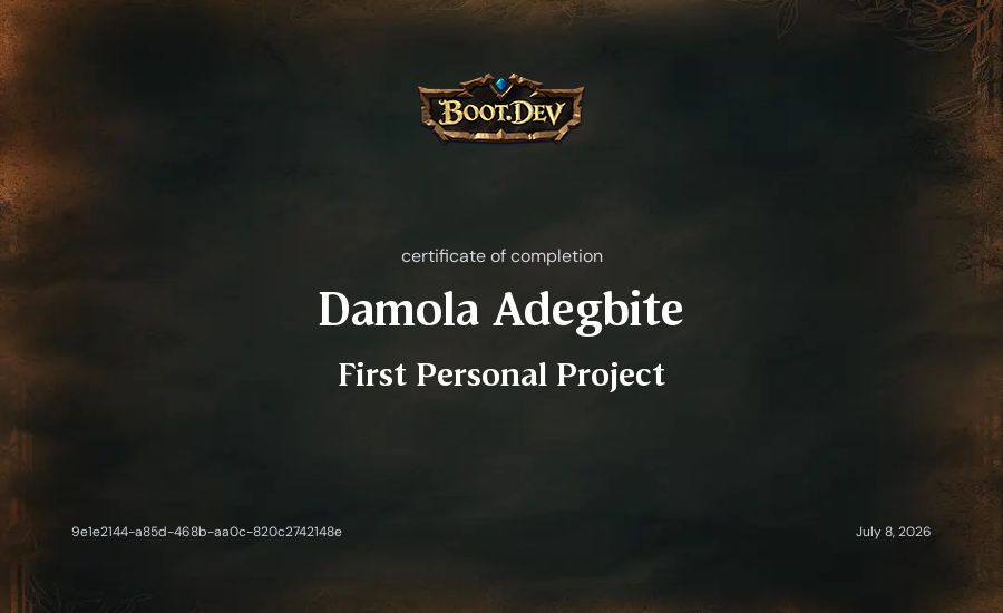 Damola Adegbite's Boot.dev First Personal Project certificate