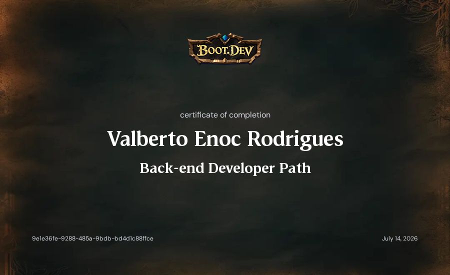 Valberto Enoc Rodrigues's Boot.dev Backend Developer Path certificate