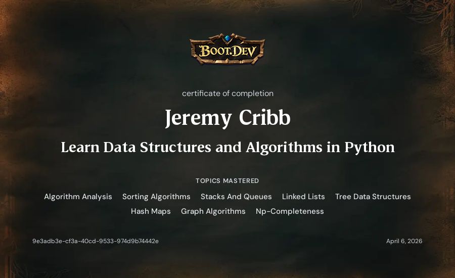Jeremy Cribb's Boot.dev Learn Data Structures and Algorithms in Python certificate