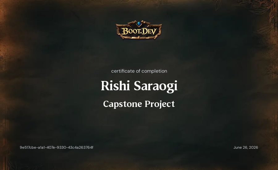 Rishi Saraogi's Boot.dev Capstone Project certificate