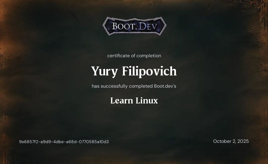 Yury Filipovich's Boot.dev Learn Linux certificate