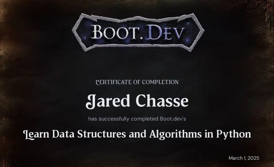 Jared Chasse's Boot.dev Learn Data Structures and Algorithms in Python certificate