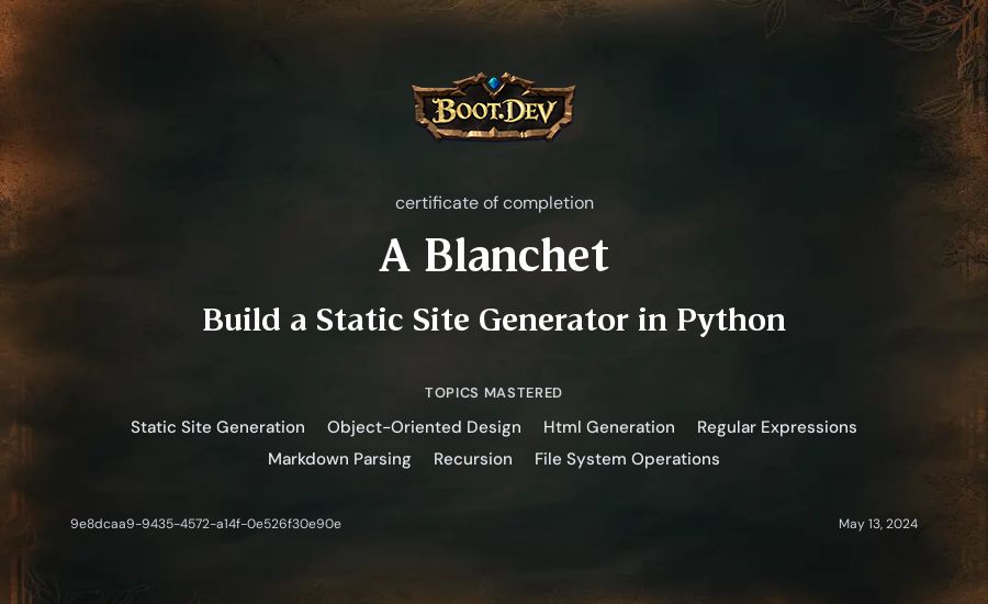A Blanchet's Boot.dev Build a Static Site Generator in Python certificate