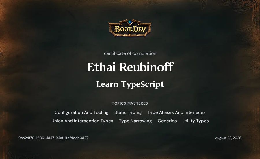 Ethai Reubinoff's Boot.dev Learn TypeScript certificate