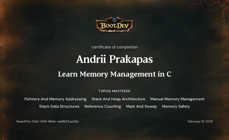Andrii Prakapas's Boot.dev Learn Memory Management in C certificate