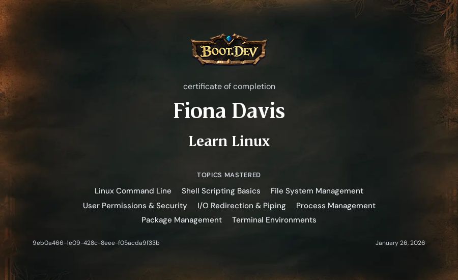 Fiona Davis's Boot.dev Learn Linux certificate