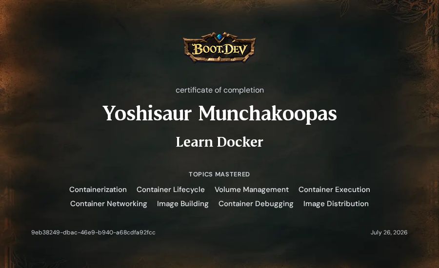 Yoshisaur Munchakoopas's Boot.dev Learn Docker certificate