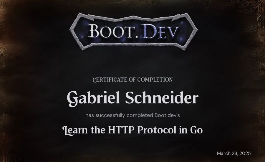 Gabriel Schneider's Boot.dev Learn the HTTP Protocol in Go certificate