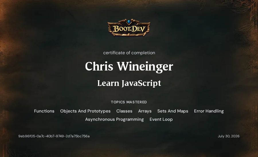Chris Wineinger's Boot.dev Learn JavaScript certificate