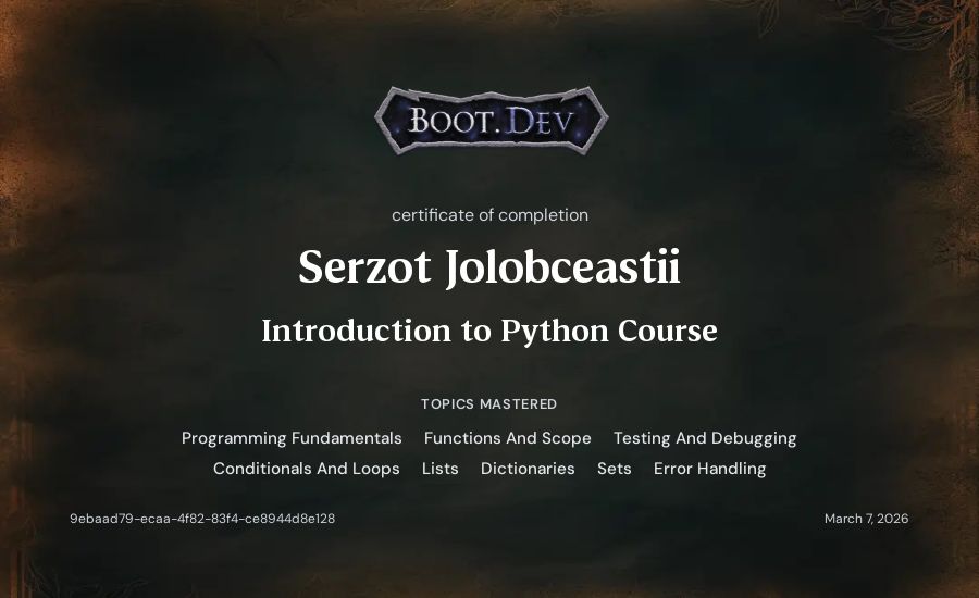 Serzot Jolobceastii's Boot.dev Introduction to Python Course certificate