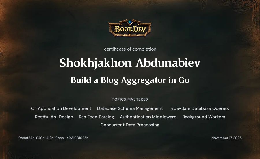 Shokhjakhon Abdunabiev's Boot.dev Build a Blog Aggregator in Go certificate