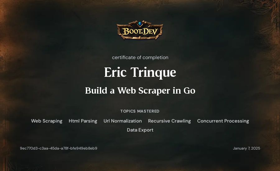 Eric Trinque's Boot.dev Build a Web Scraper in Go certificate
