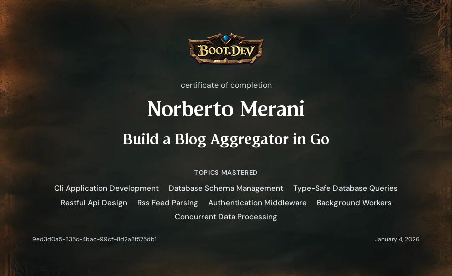 Norberto Merani's Boot.dev Build a Blog Aggregator in Go certificate