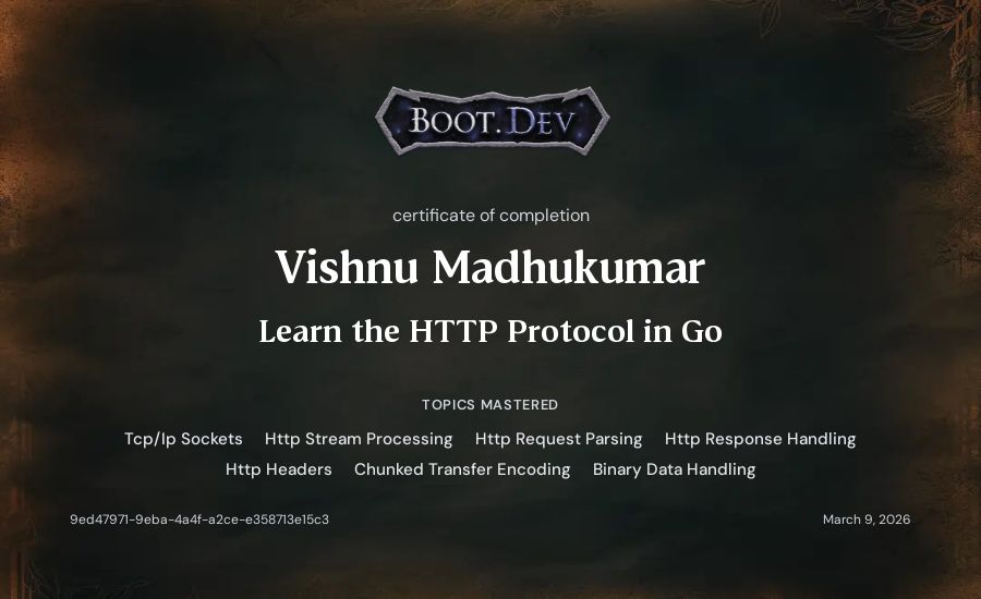 Vishnu Madhukumar's Boot.dev Learn the HTTP Protocol in Go certificate