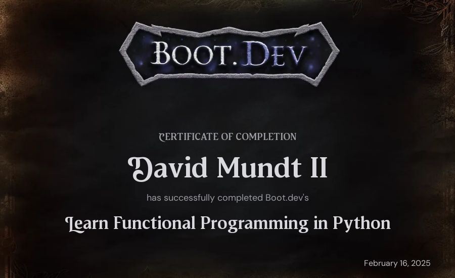David's Boot.dev Learn Functional Programming in Python certificate
