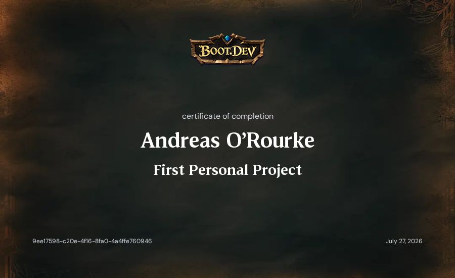 Andreas O'Rourke's Boot.dev First Personal Project certificate