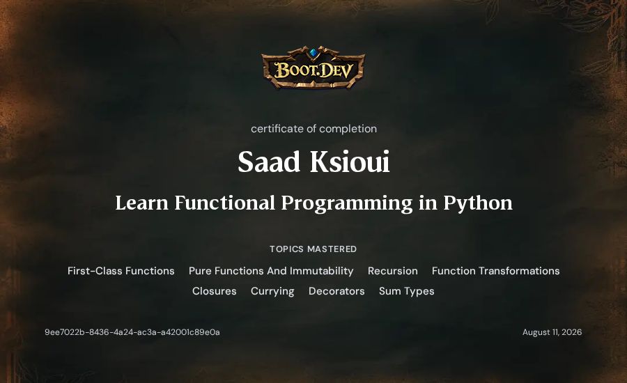 Saad Ksioui's Boot.dev Learn Functional Programming in Python certificate