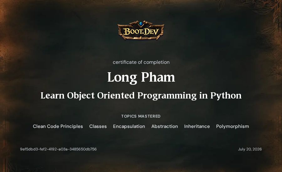 Long Pham's Boot.dev Learn Object Oriented Programming in Python certificate