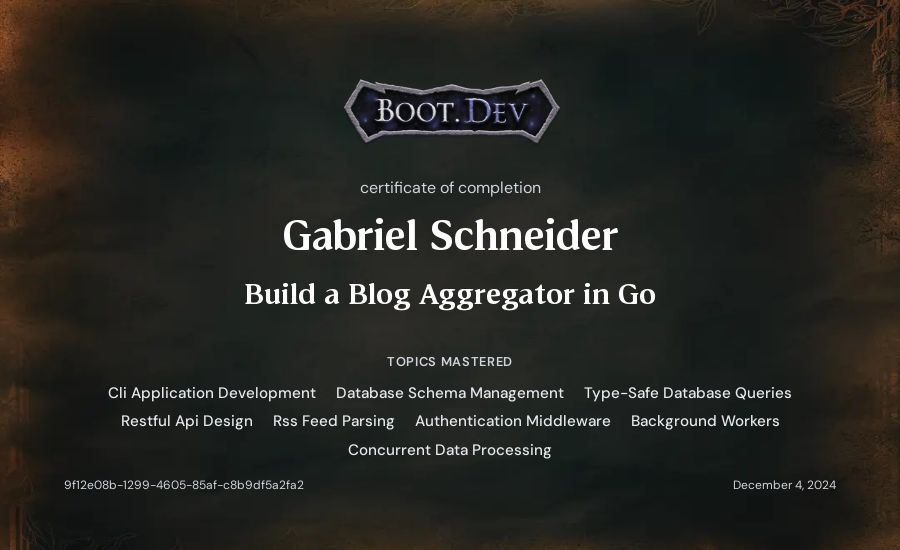 Gabriel Schneider's Boot.dev Build a Blog Aggregator in Go certificate