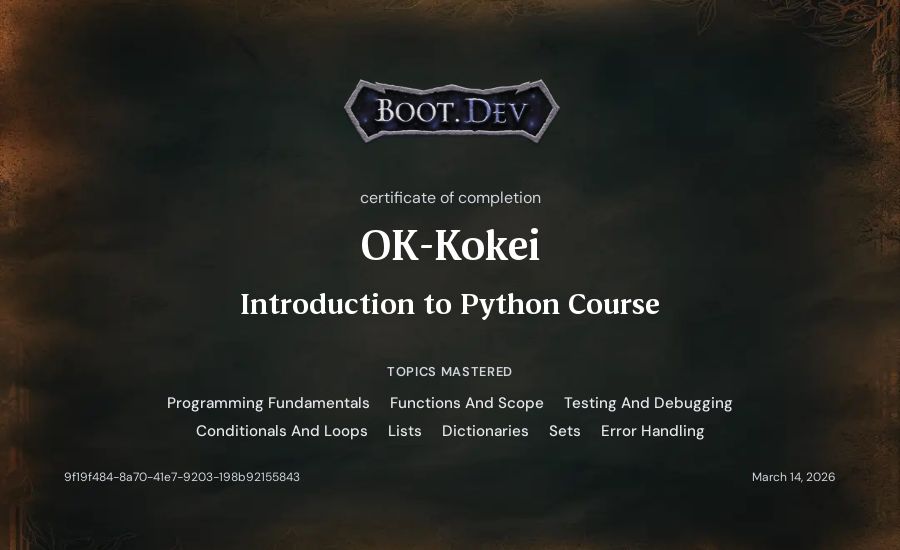 OK-Kokei's Boot.dev Introduction to Python Course certificate