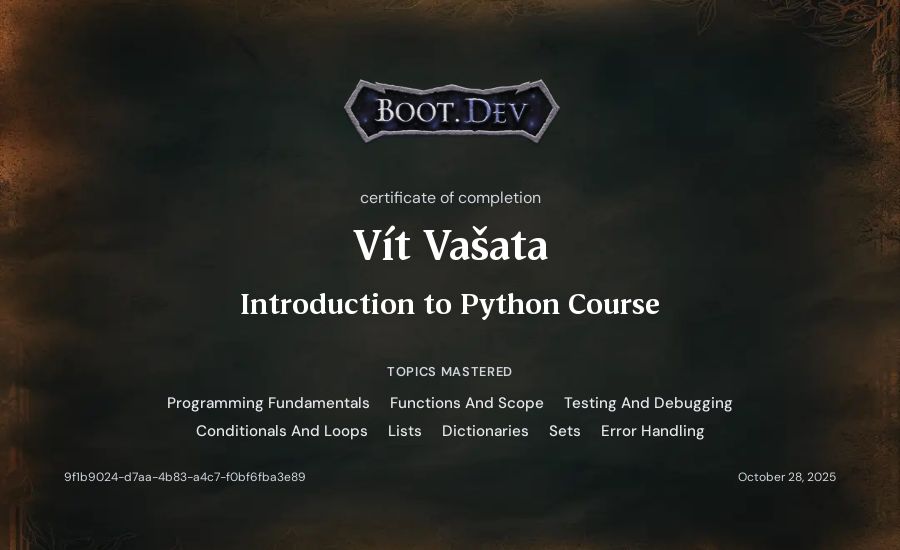 Vít Vašata's Boot.dev Introduction to Python Course certificate