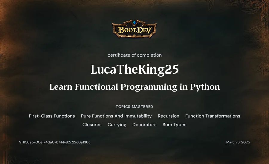 LucaTheKing25's Boot.dev Learn Functional Programming in Python certificate