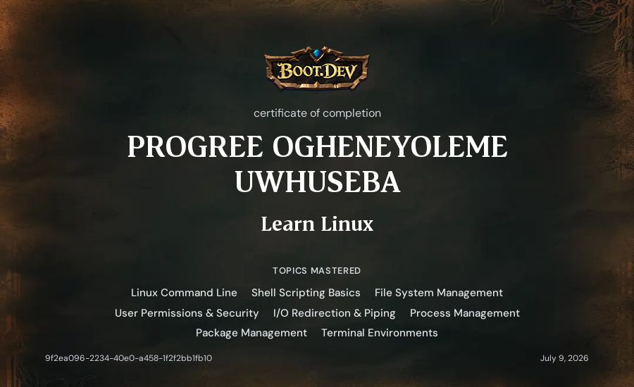 PROGREE OGHENEYOLEME UWHUSEBA's Boot.dev Learn Linux certificate
