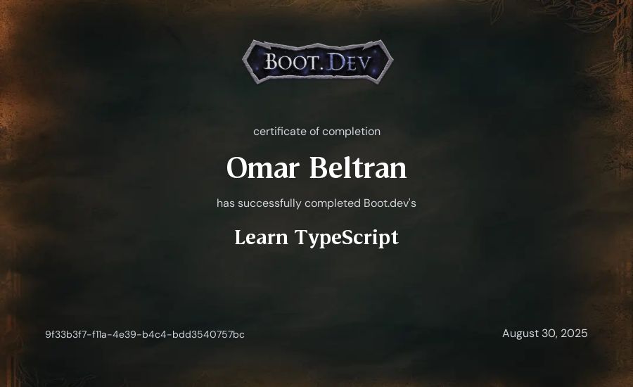 Omar Beltran's Boot.dev Learn TypeScript certificate