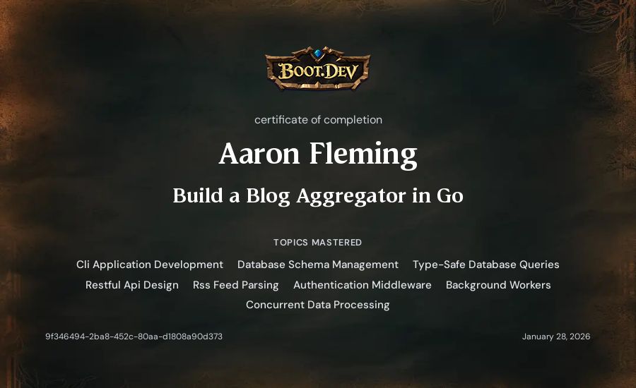 Aaron Fleming's Boot.dev Build a Blog Aggregator in Go certificate