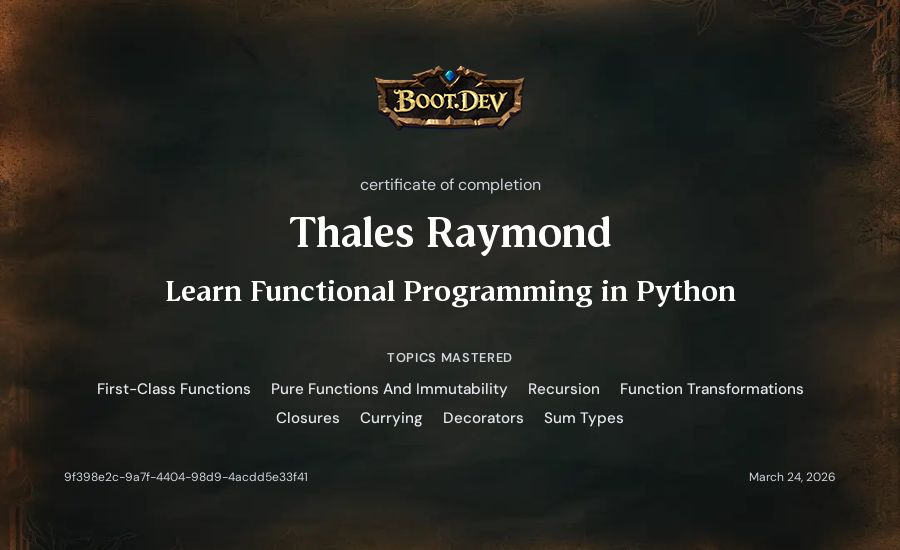 Thales Raymond's Boot.dev Learn Functional Programming in Python certificate