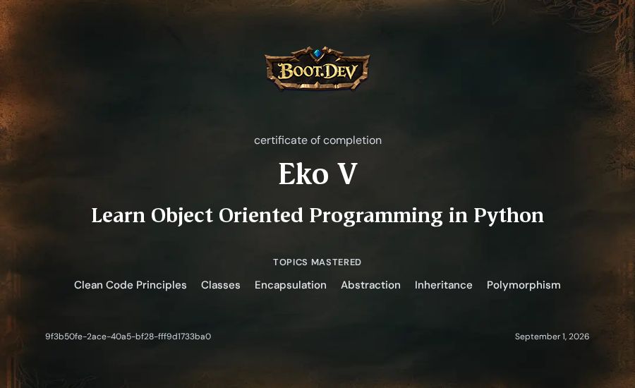 Eko V's Boot.dev Learn Object Oriented Programming in Python certificate