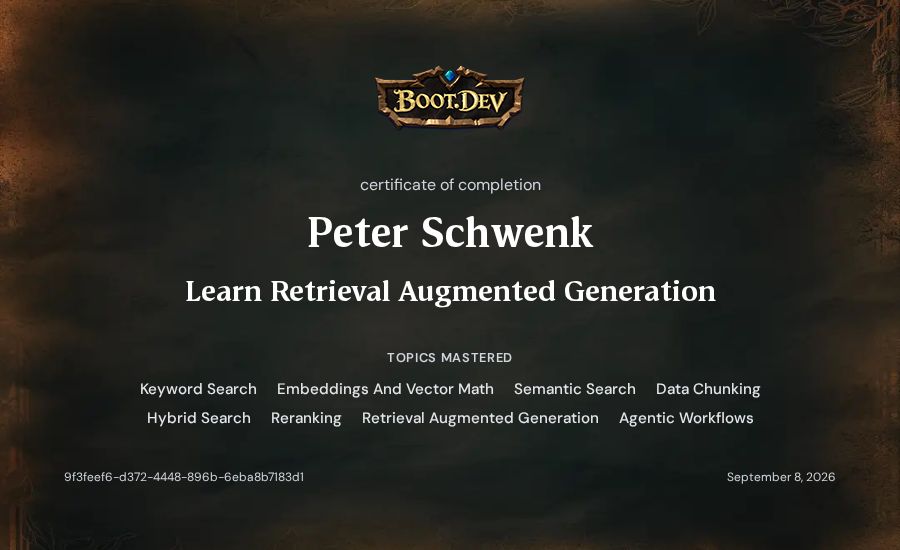 Peter Schwenk's Boot.dev Learn Retrieval Augmented Generation certificate