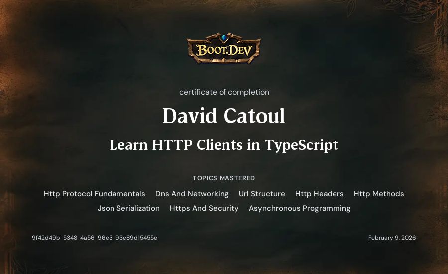 David Catoul's Boot.dev Learn HTTP Clients in TypeScript certificate