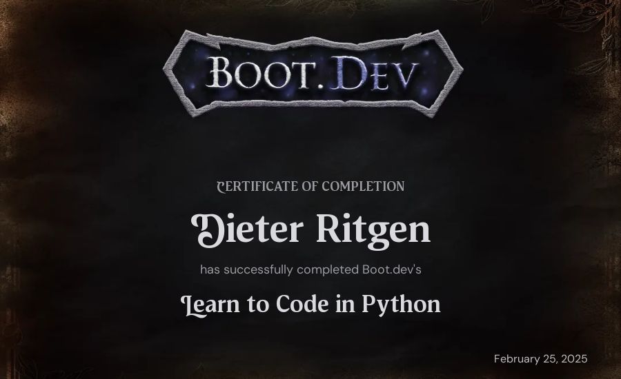 Dieter Ritgen's Boot.dev Introduction to Python Course certificate