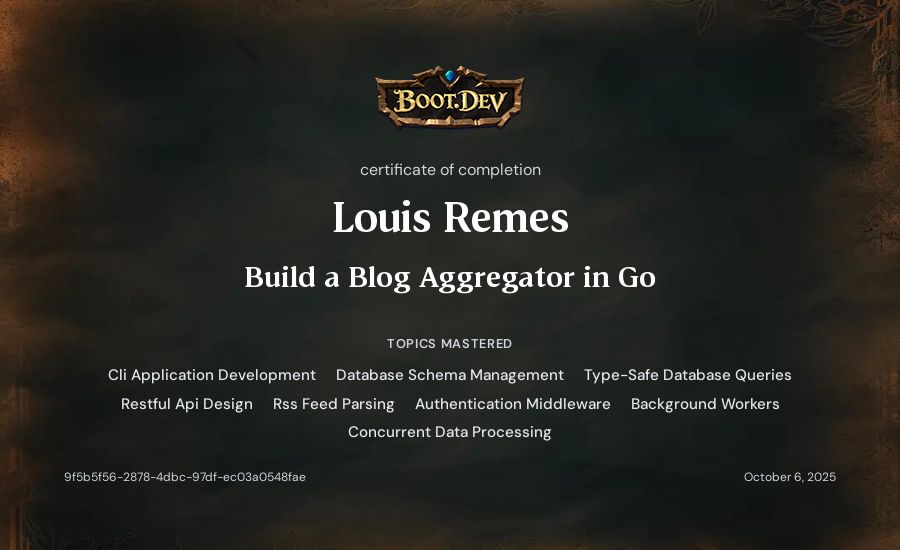 Louis Remes's Boot.dev Build a Blog Aggregator in Go certificate