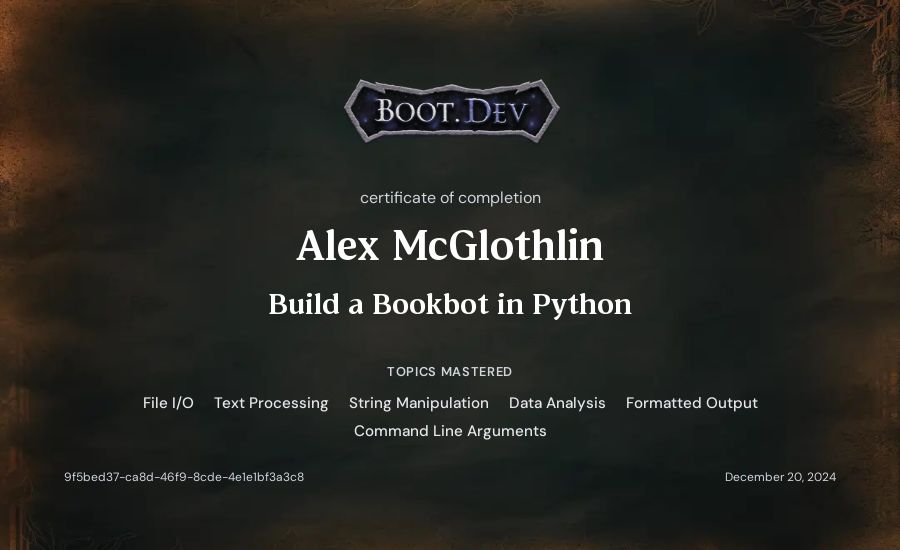 Alex McGlothlin's Boot.dev Build a BookBot in Python certificate