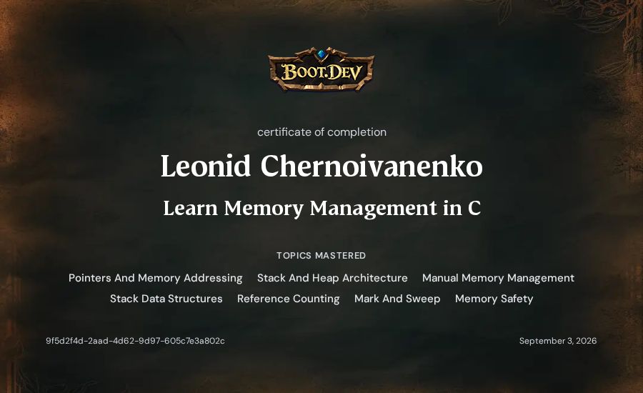 Leonid Chernoivanenko's Boot.dev Learn Memory Management in C certificate