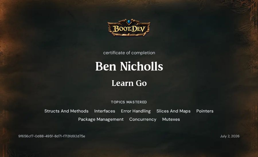 Ben Nicholls's Boot.dev Learn Go certificate